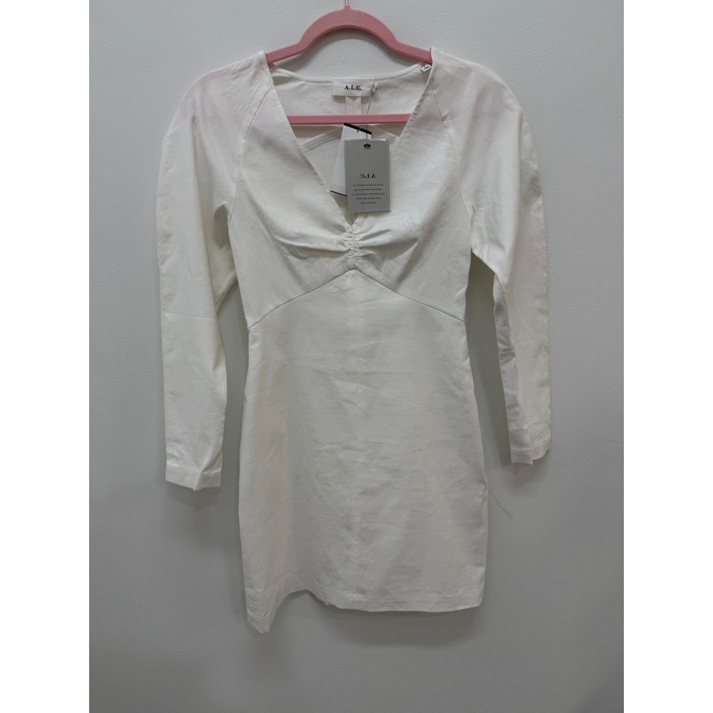 A.L.C. Mini Dress Size 0 White Long Sleeve V-Neck Linen Blend Alia Dress